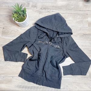 Bebe Grey Embellished Zip Up Long Sleeve Womens Jacket with Bow